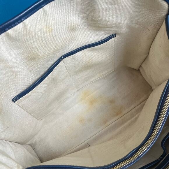 Michael Kors Canvas Leather Trimmed Large Tote Travel Bag Ivory Navy Blue - Picture 11 of 16